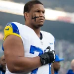 Los Angeles Rams starting left tackle Alaric Jackson in uniform during offseason workouts