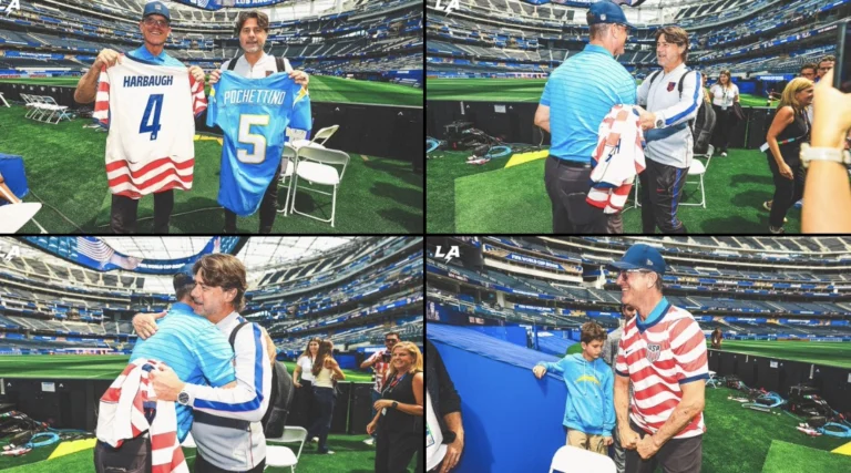 Jim Harbaugh and Mauricio Pochettino Share a Jersey Swap Moment at SoFi Stadium